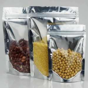 Aluminium Stand up -poseposer, klar front med aluminiumsfolie ryg genlukbar ziplock og varmesætning til opbevaring af fødevarer til mad