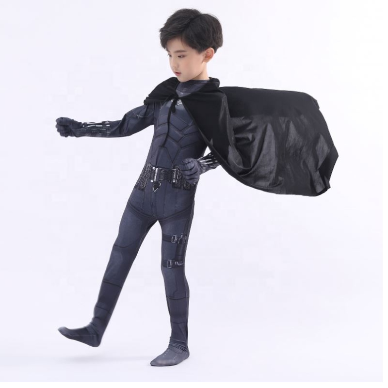 Ny stil sort bodysuit halloween børn superhelt kostumer cosplay film kostume pattinson flagermusmanden med kappe&maske