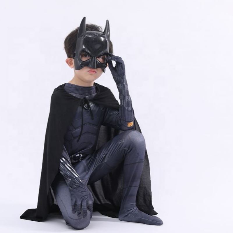 Ny stil sort bodysuit halloween børn superhelt kostumer cosplay film kostume pattinson flagermusmanden med kappe&maske