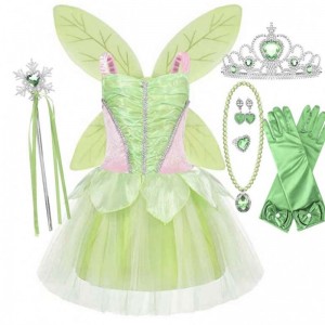 Halloween Cosplay Baby Girls Party Christmas Green Flower Fairy Tinker Bell Outfit With Butterfly Wings sæt HCTB-005