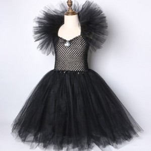 Børn sort djævel tutu kostume halloween piger fancy tutu kjole med fjer shawl royal mørk dronning maleficent kjole kjole