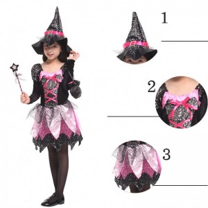 Kid Girls Wand Dress Up tøj Halloween heks kostume glitrende sølvstjerner trykt cosplay kjole med spids hat