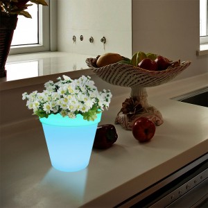 RGB Farveændring LED PLANT POT TABLE LAMP Touch Control, Moderne enkel PE -plastik blomsterpotte LED -bordlamper med fast træbase til stue/bedroom/office