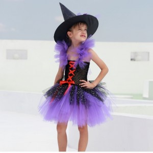 Amazon Hot Selling Tutu Witch Dress Costume til piger med Witchy Hat Halloween Carnival Party
