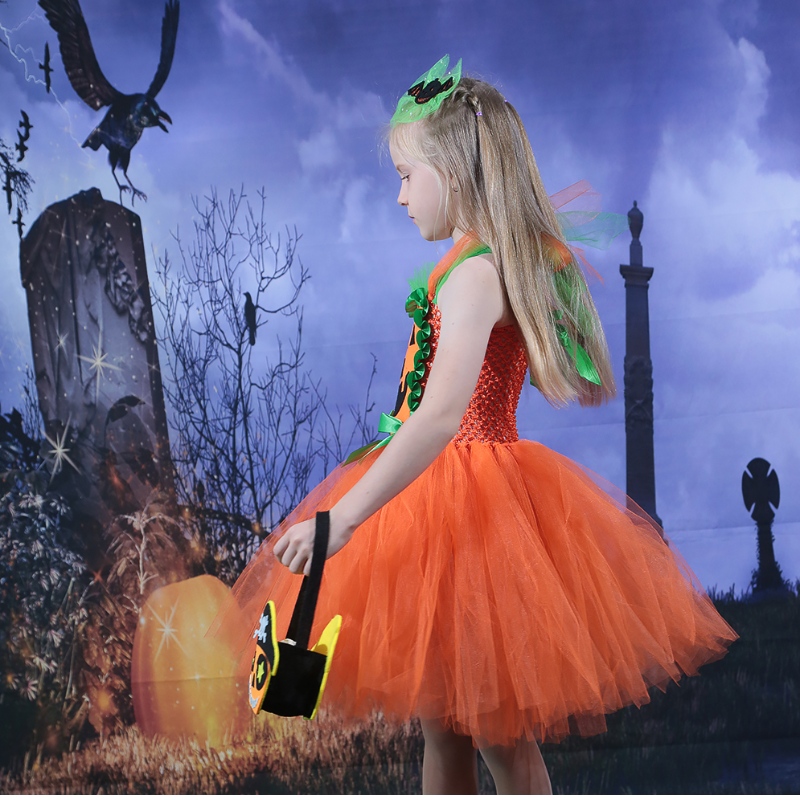 Amazon Hot Selling Kids Girl Halloween kjole græskar mesh tyl tutu kjole