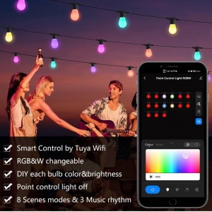 Smart Color String Lights, 48ft Smart Patio Lights RGBW LED String Lights, App&WiFi Control, Arbejder med Alexa, farveændrende strenglamper med dæmpbare 15 LED -pærer, IP65 Vandtæt