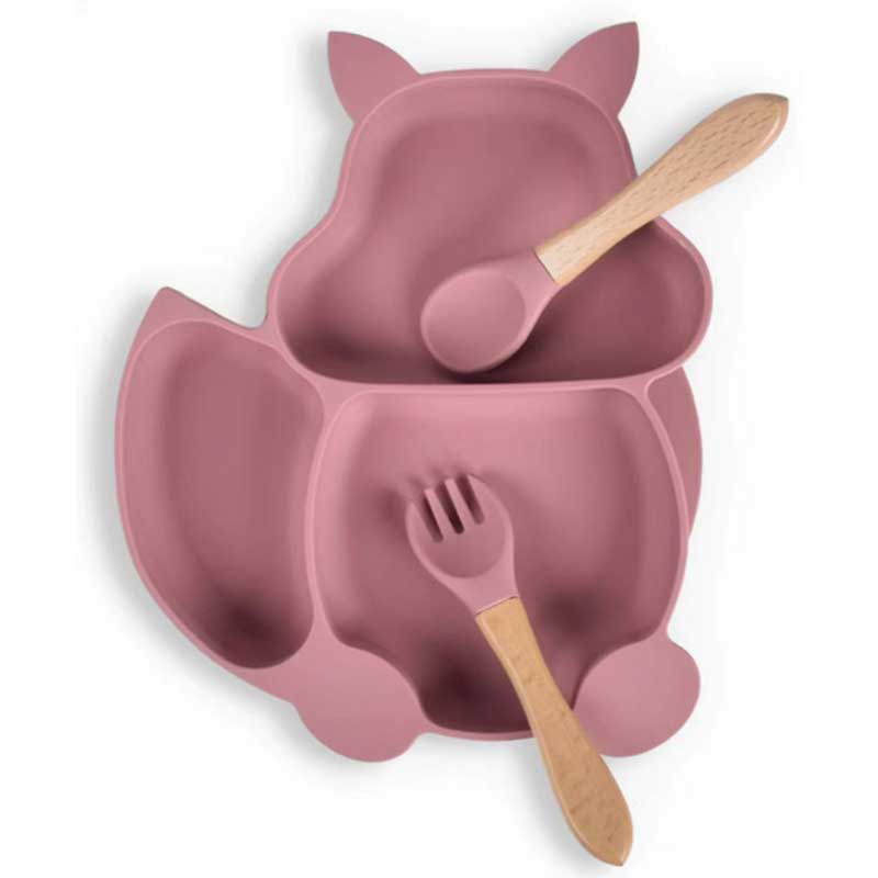 Squirrel-Divided Children \\ 's Tableware Supplement Bowl Baby Fork og Spoon Integrated Silicone Bowl BPA Gratis babyfodring Sugning Kidsplade Sæt med Spoon Fork