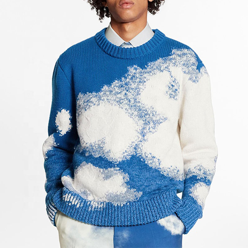 Vigor beklædning brugerdefineret herre sweater producent tyk strik jacquard trøjer farveblok uld sweater til mand