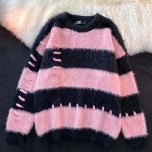 Efterår og vinter koreansk version løs farve stød stribet sabel sweater