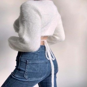 Sexet dyb v-hals høj talje kort strikket cardigan sweater