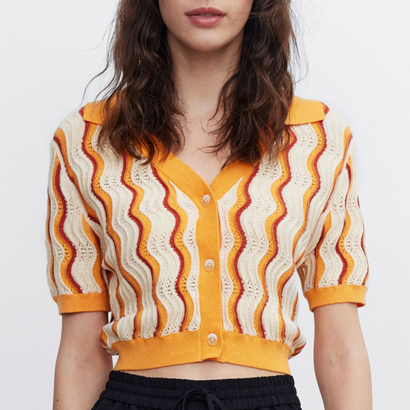 2023 Nyt design Brugerdefineret kvinders strik v hals løs ensfarvet forår sommer T-Shirts kortærmet strikket cardigan sweater