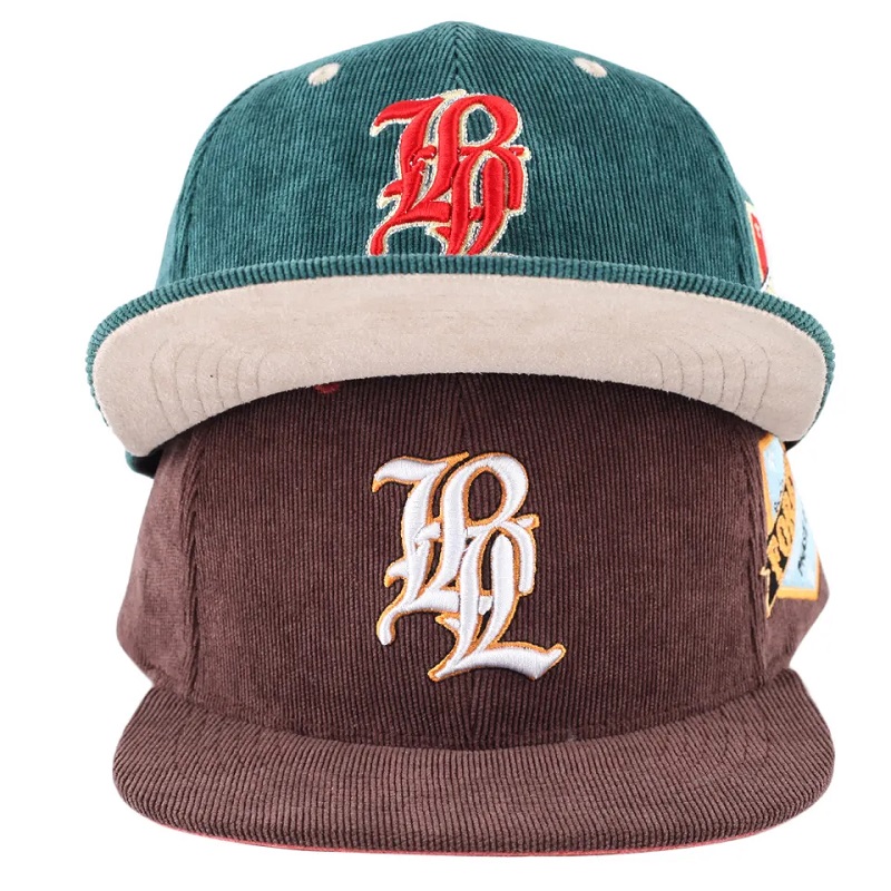 brugerdefinerede herre broderi 5 panel snapback corduroy caps hatte
