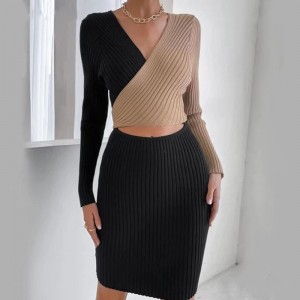 OEM Fashion Design Fancy Sexy Style Sweater Dress 7gg V Neck Anti-Pilling Hip Hop Knit Young Women Sweater Dress