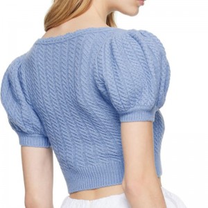 Uld sweater 2023 Sommer Ny Lav besætning Hals Ribbet strikket Hem Bubble Sleeve Pullover Sweater
