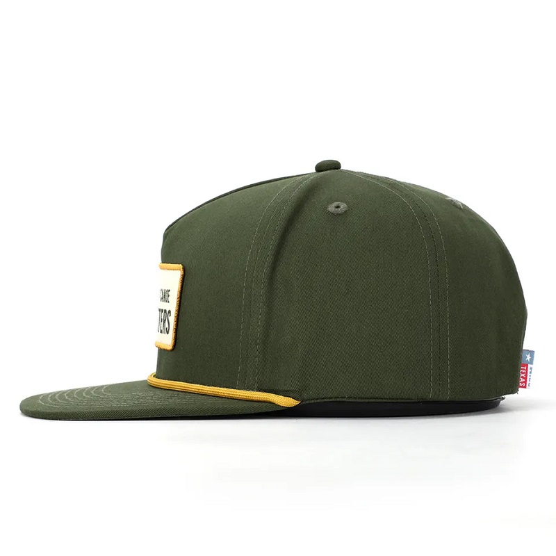 OEM Custom High Quality Classic 5 Panel Army Green Cotton Embroidery Woven Patch Logo Rope Snapback Cap Hat