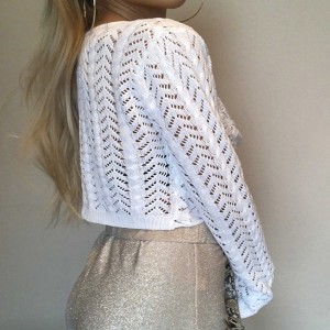 Hvid V-hals pullover udhulet langærmet modeshow tynde sexede strikkelige kvinders sweater