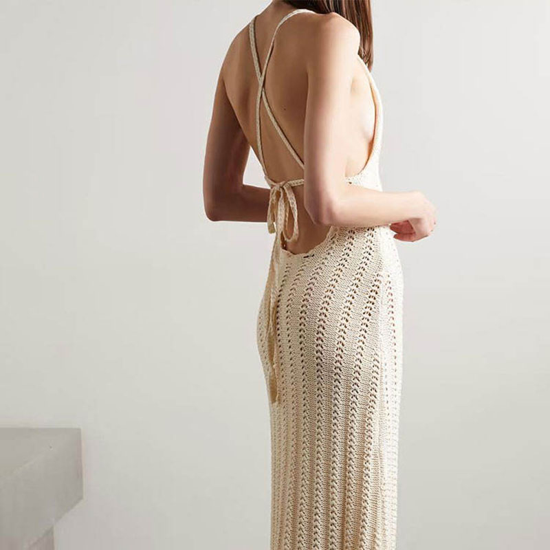 Striktøjsproducenter brugerdefineret rund hals slynge hul ud rygfri sexede kvinder strikket kjole
