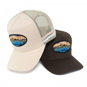 Klassisk brugerdefineret High Crown Australia Country Acrylic 5 Panel 3D Broderet logo Side 2 Stripe Trucker Hat Mesh Caps