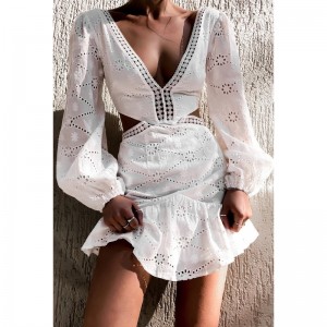 Seaside Resort Style Sexet Waistless V-hals Lace Hollow Ruffle kjole hvid lille kort kjole