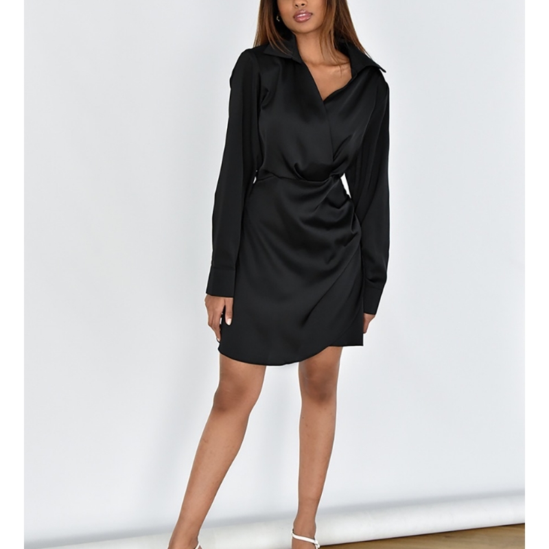 Satin Sexet i høj kvalitet V-hals Wrap A-linenederdel