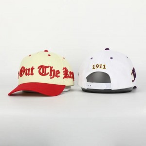 Brugerdefineret høj kvalitet 5 panel buet brim bomuld baseball cap, 3D broderi puff logo struktureret far hat