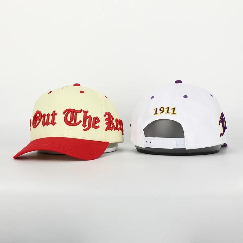 Brugerdefineret høj kvalitet 5 panel buet brim bomuld baseball cap, 3D broderi puff logo struktureret far hat