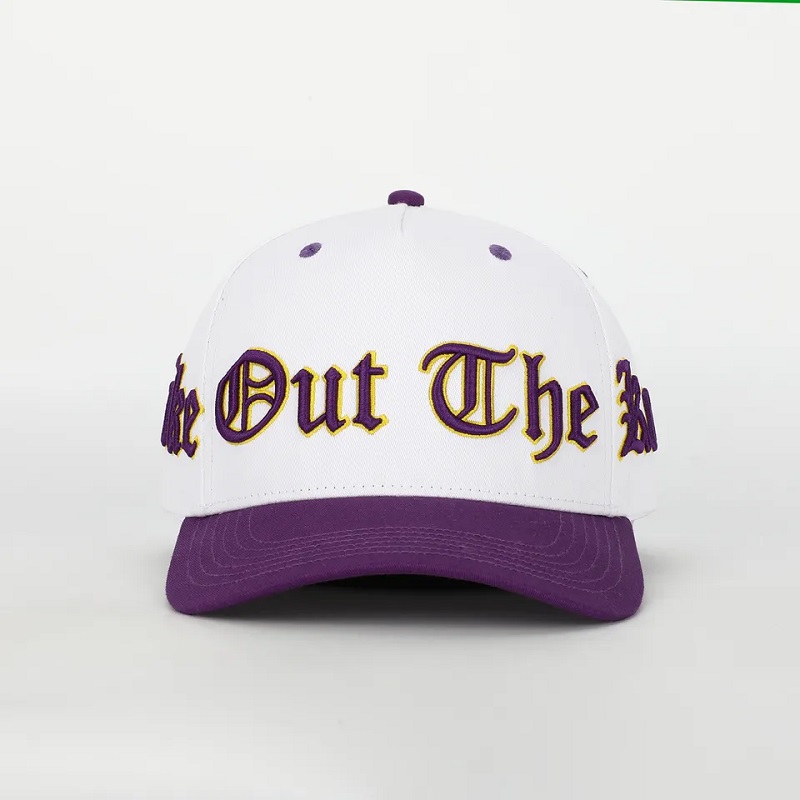 Brugerdefineret høj kvalitet 5 panel buet brim bomuld baseball cap, 3D broderi puff logo struktureret far hat