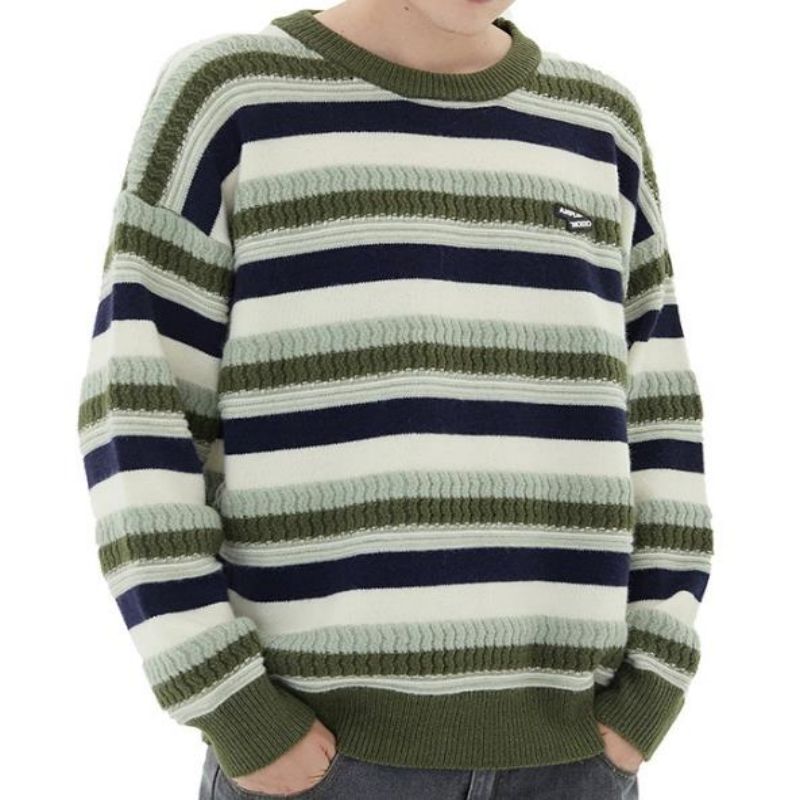 Sweater rund hals langærmet stribet stribet sweater til mænd og kvinder