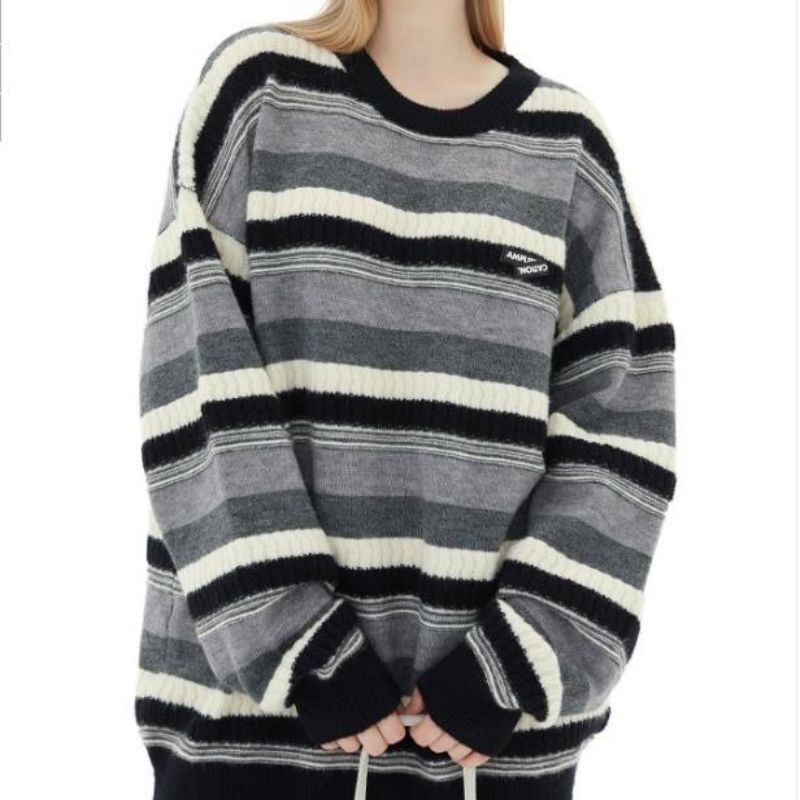 Sweater rund hals langærmet stribet stribet sweater til mænd og kvinder