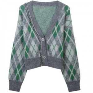 Argyle jacquard strikket mohair cardigan sweater kvinder strik
