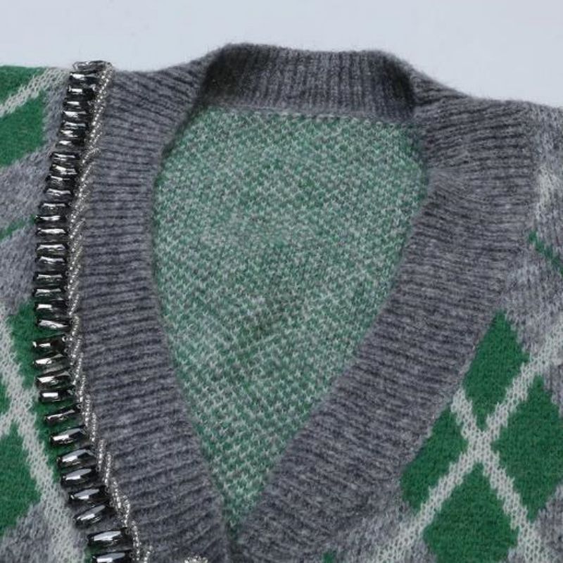 Argyle jacquard strikket mohair cardigan sweater kvinder strik