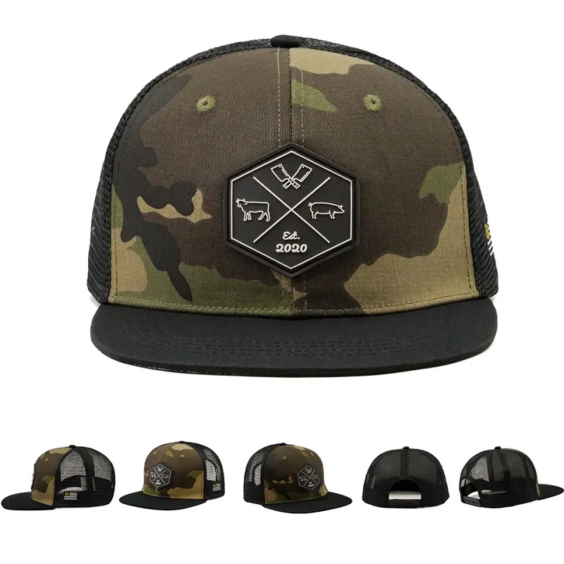 Engros tilpasset hip hop camo snapback mesh broderet patch logo brugerdefineret 6 panel flad brændsel trucker cap og hat