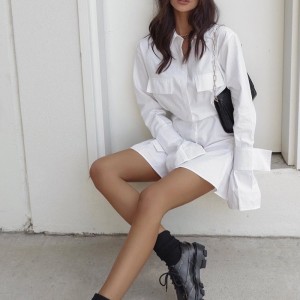 Fransk hvid kjole med talje og manchetter og lange faner til kvinder 2023 Ny design Talje og solid farve langærmetnederdel