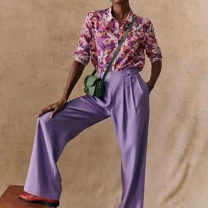 Ny fransk elegant moderne trykt mønster, der flyder silke og bomuldsblanding langærmet tynd skjorte