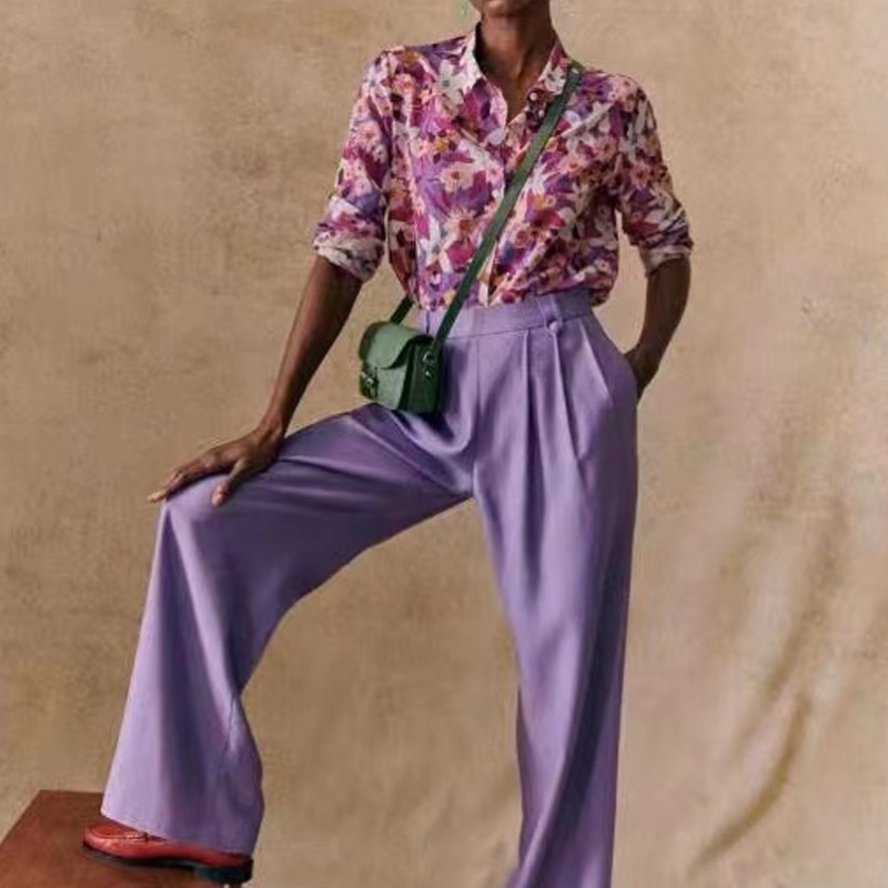 Ny fransk elegant moderne trykt mønster, der flyder silke og bomuldsblanding langærmet tynd skjorte