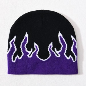 Engros kranium ski akrylstrikket hat hip hop mansjet over hele print design brugerdefineret logo unisex vinter jacquard flamme beanie
