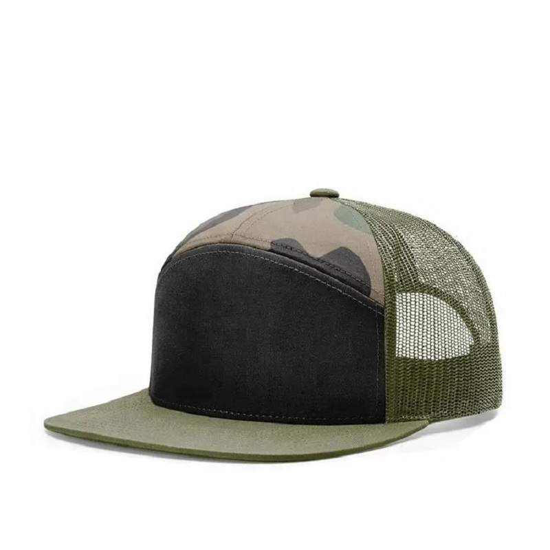 Brugerdefineret almindelig 7 panel mesh trucker hat snapback hatte
