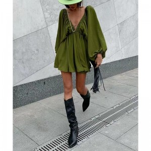 Retro design afslappet vind v-hals solid farve bluse efterårny lanterne ærme høj talje temperament kjole kvinde kvinde