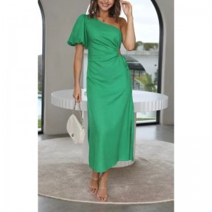 Sommer mode temperament skråt skulder puff ærmet side spalt kjole