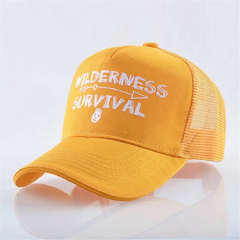 Brugerdefineret print gul bomuld ruskind broderi struktureret 6 panel mesh caps baseball cap trucker hat