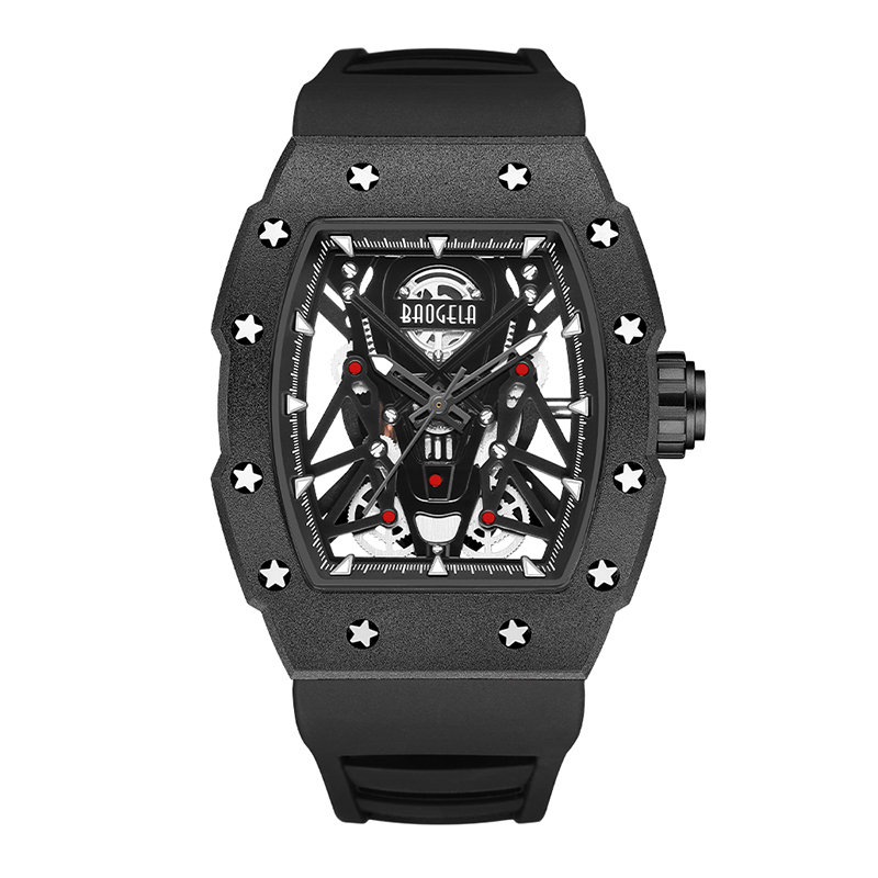 Baogela Silver Black Sport Quartz Watch for Men Tonneau Dial Analog Vandtæt armbåndsur med silikonestrop lysende hænder 4145