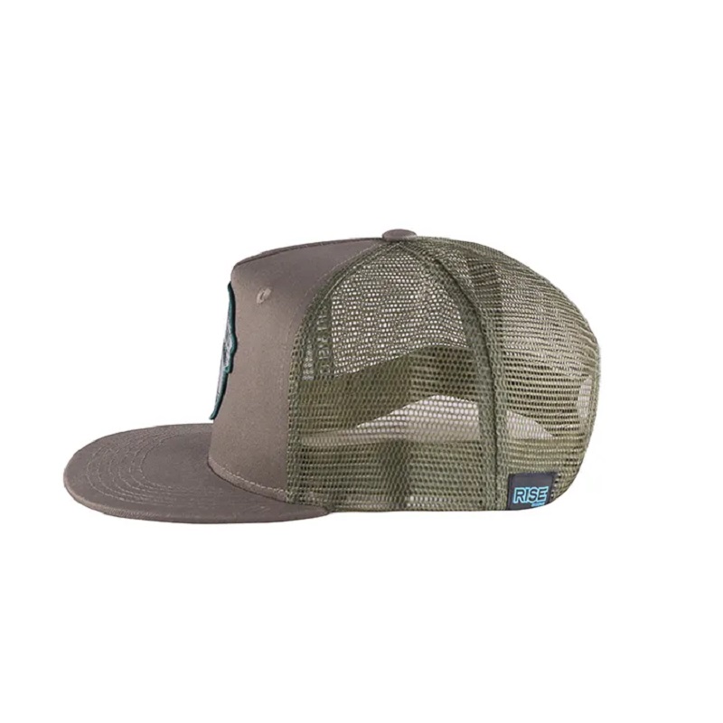 Mode populær flad brim mesh hat grå broderi patch 5 panel plastik snapback trucker cap og hat