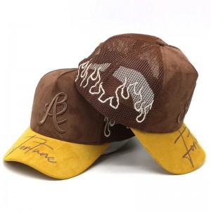 Fabriks brugerdefineret ruskind trucker hat broderi logo brim fair mesh trucker hatte