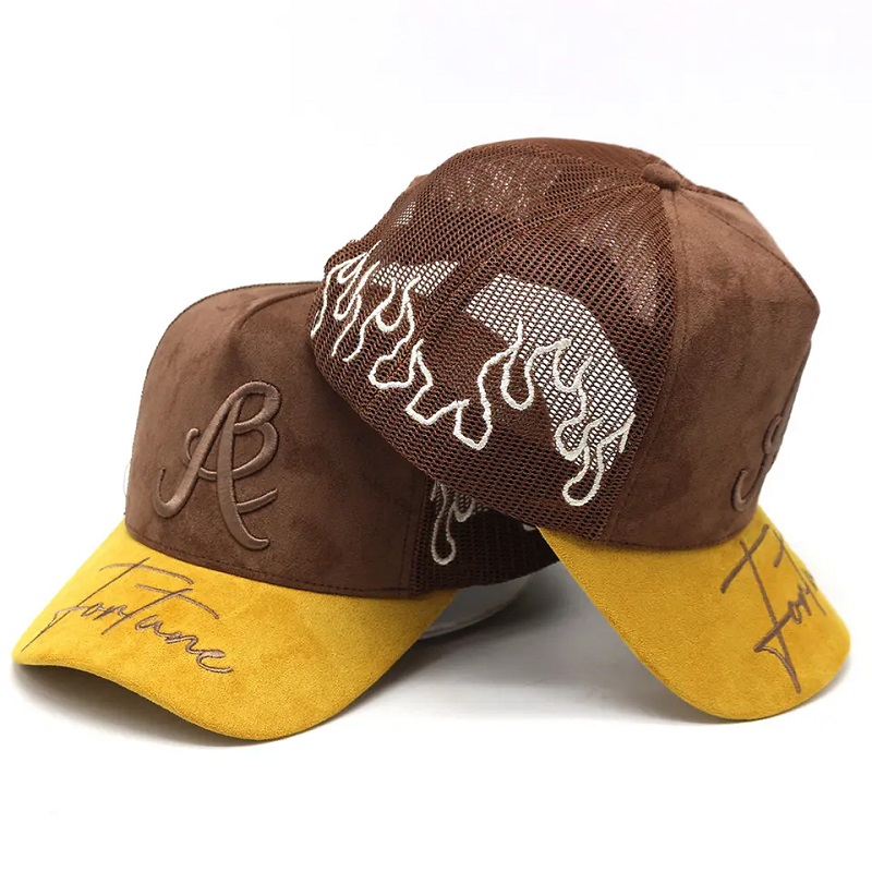 Fabriks brugerdefineret ruskind trucker hat broderi logo brim fair mesh trucker hatte