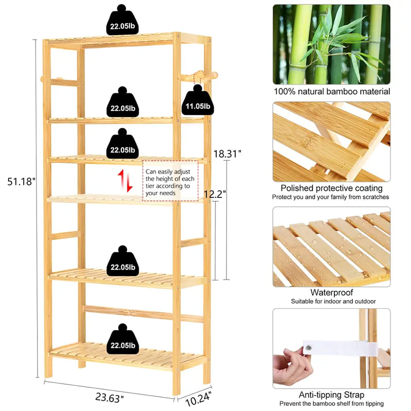 5-etagers justerbar reol Høj vandtæt badeværelsesstativplante rack bambus boghylde