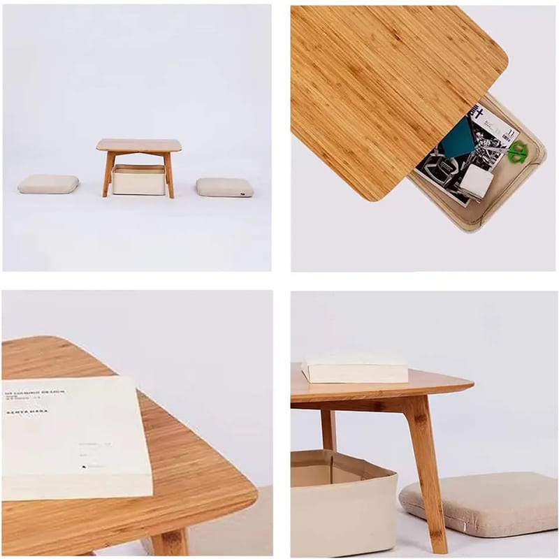 Et lavt tebord sidder på gulvet i et firkantet tatami -bordbambusmøbler
