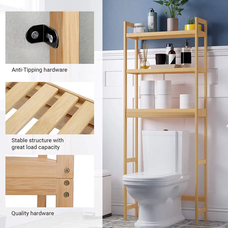 Tilpasselig 3-lags bambus badeværelses kabinetarrangør over toiletopbevaringsstativets hylde