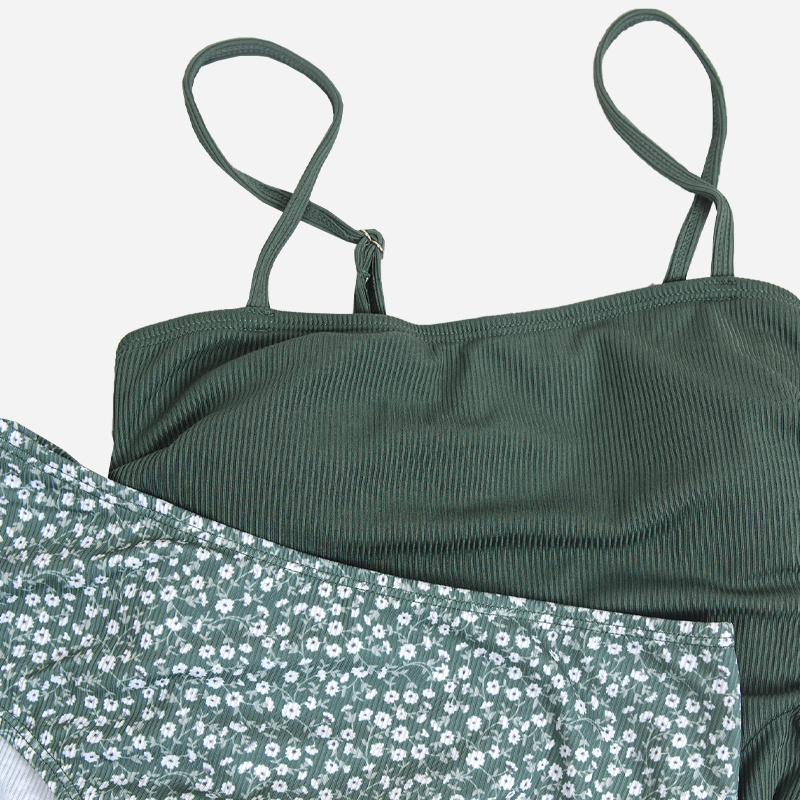 Rib Ruched DrawString Top&Ditsy Floral High Waist Tankini Set