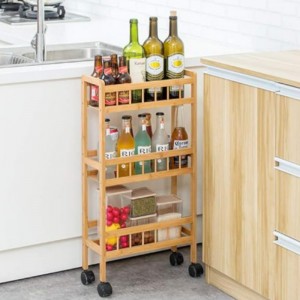 Bambus 3-Tier Køkken Opbevaringsvogn Slank Slide Out Rolling Pantry Hylde Organizer Rack