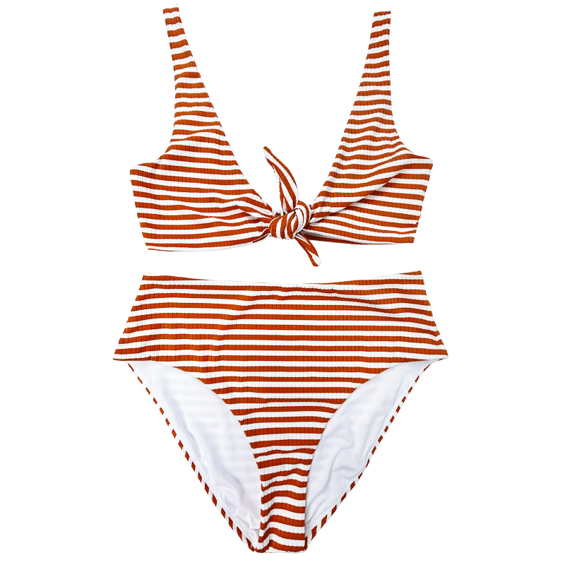 Orange orange hvid strip bred skulder bue behagelig høj talje todelt badedragt